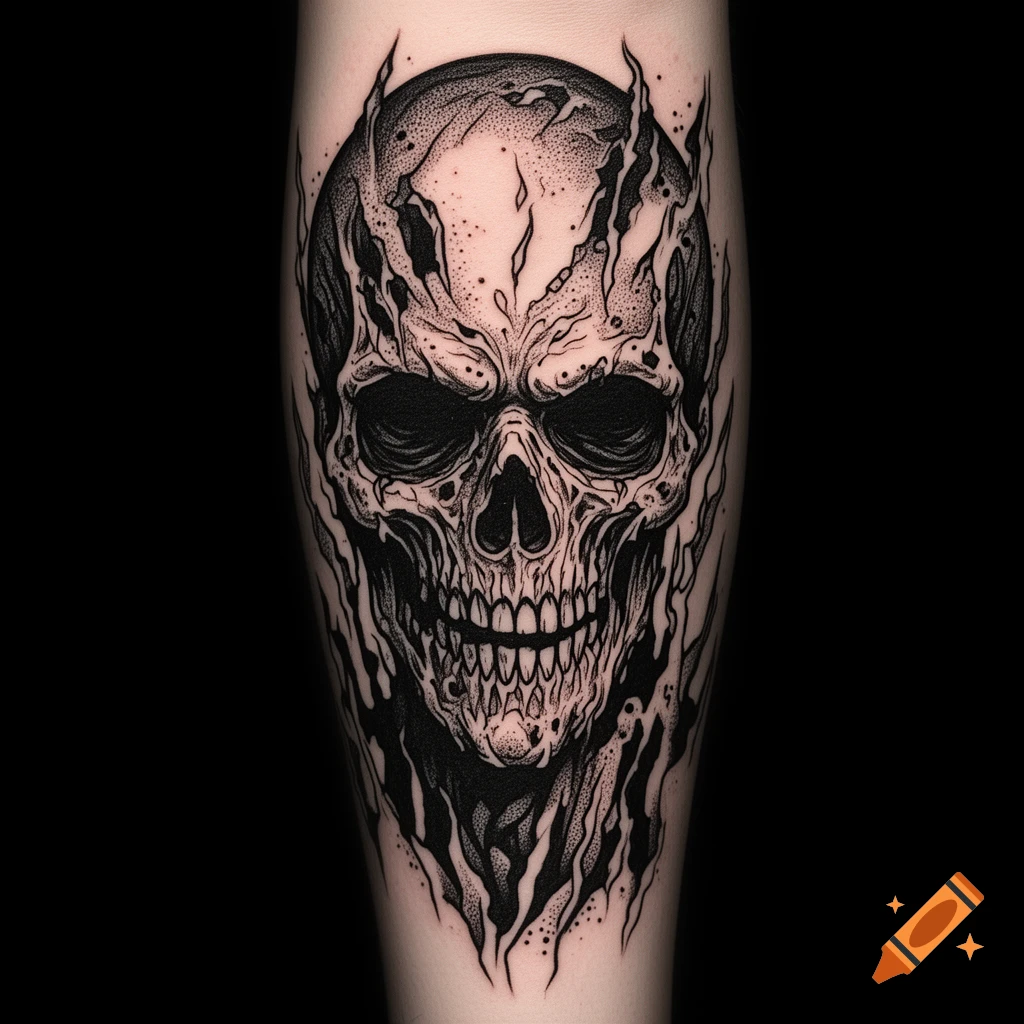A black and white stippled tattoo design of a stylized skull, with dark empty eye sockets and flames or wisps emanating from it, on skin.