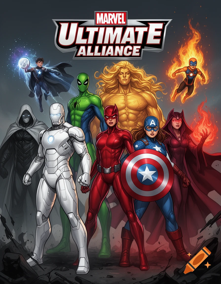 Marvel Ultimate Alliance game cover featuring a team of superheroes including Iron Man, Captain America, Spider-Man, and Scarlet Witch.