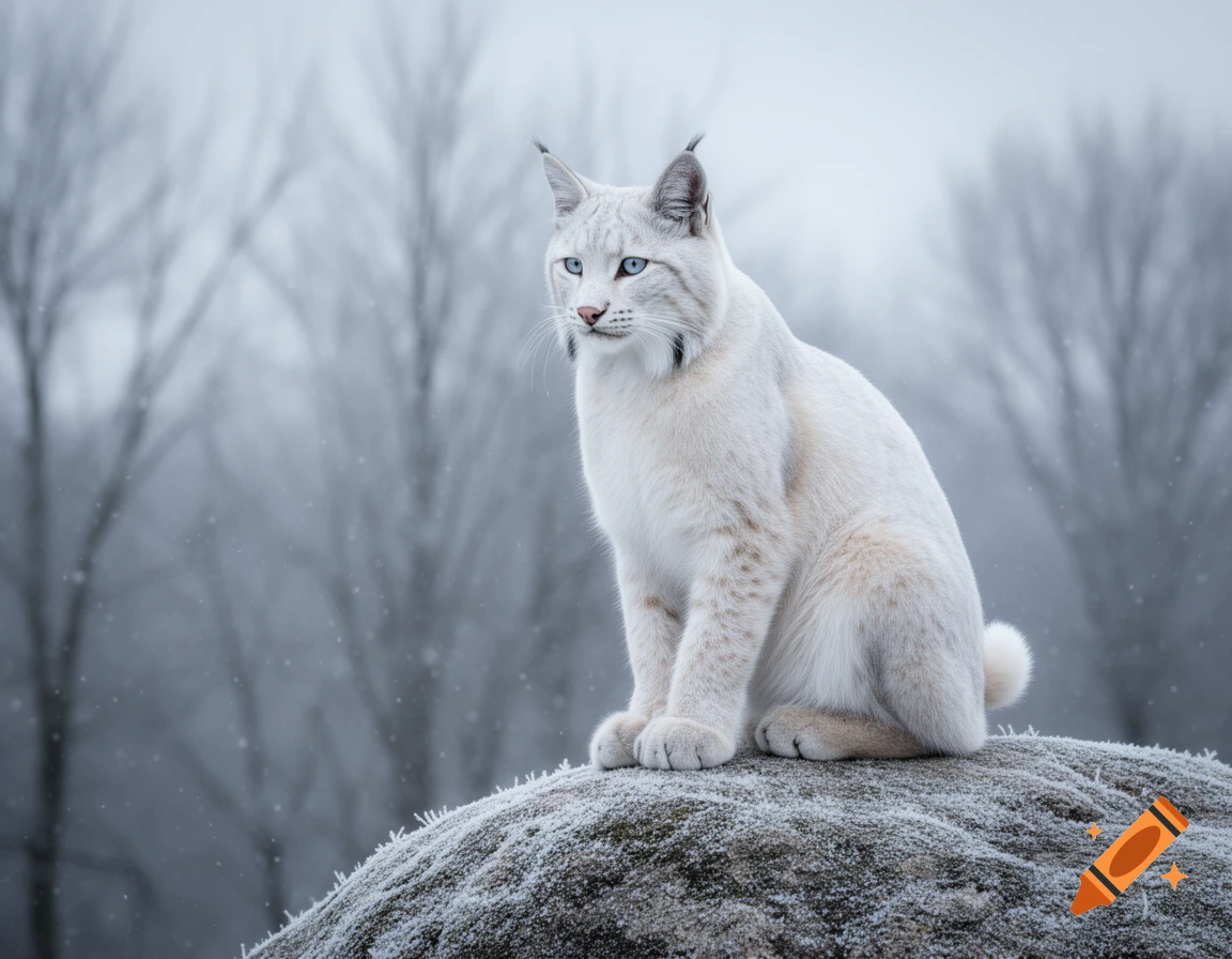 A majestic white lynx with piercing blue eyes sits on a frosty rock in a snowy, misty forest.