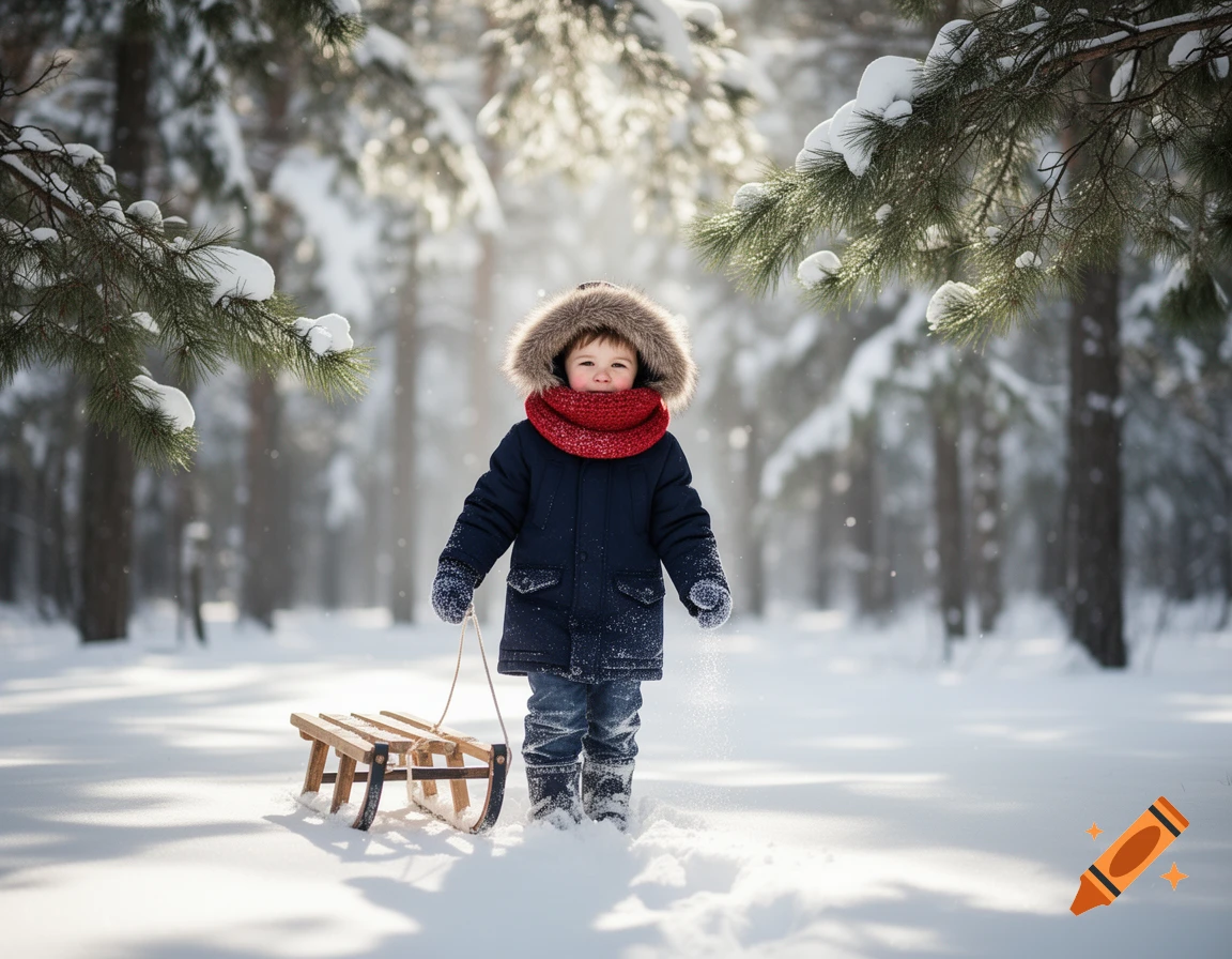 A young boy in a warm coat and red scarf stands in a snowy forest, holding a small wooden sled. Photorealistic style.