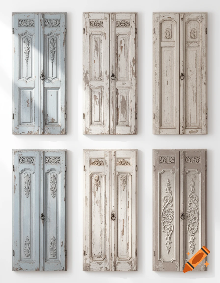 Six antique shabby chic window shutters, three light blue and three off-white, with ornate carved details, against a white background.