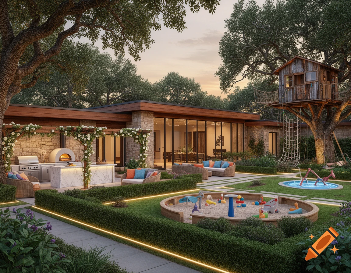 A luxurious backyard with a modern house, outdoor kitchen, treehouse, playground, sandbox, and glowing path lights.