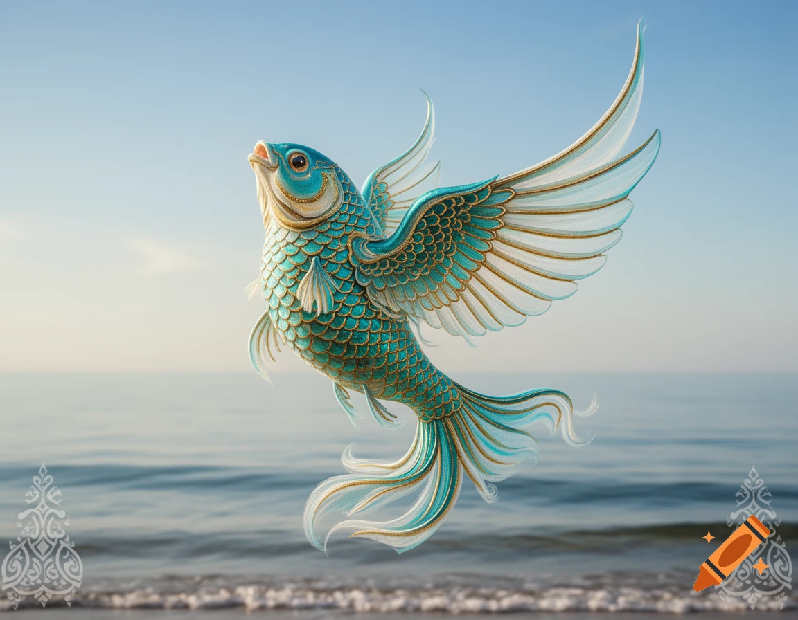 An ornate, mythical turquoise and gold fish with white bird wings flies above a calm sea under a clear sky.