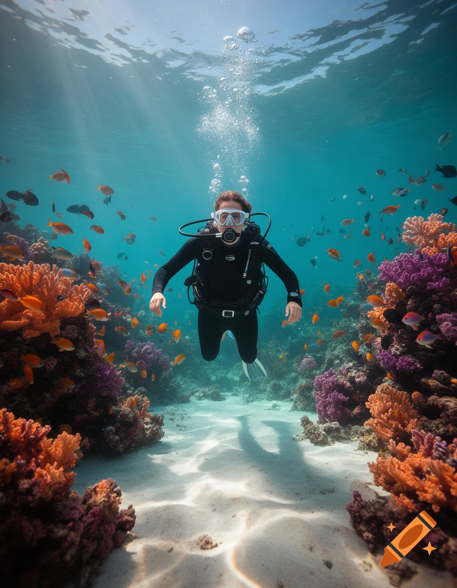 A female scuba diver swims among vibrant coral reefs and schools of fish in clear blue water, with sun rays piercing from the surface.