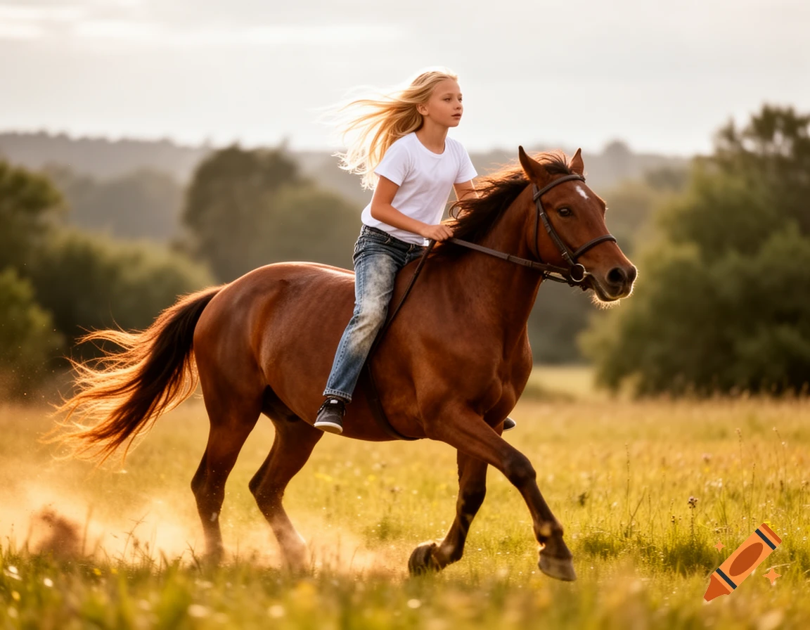 A blonde girl in jeans and a white t-shirt gallops a brown horse through a sunlit field, creating dust.