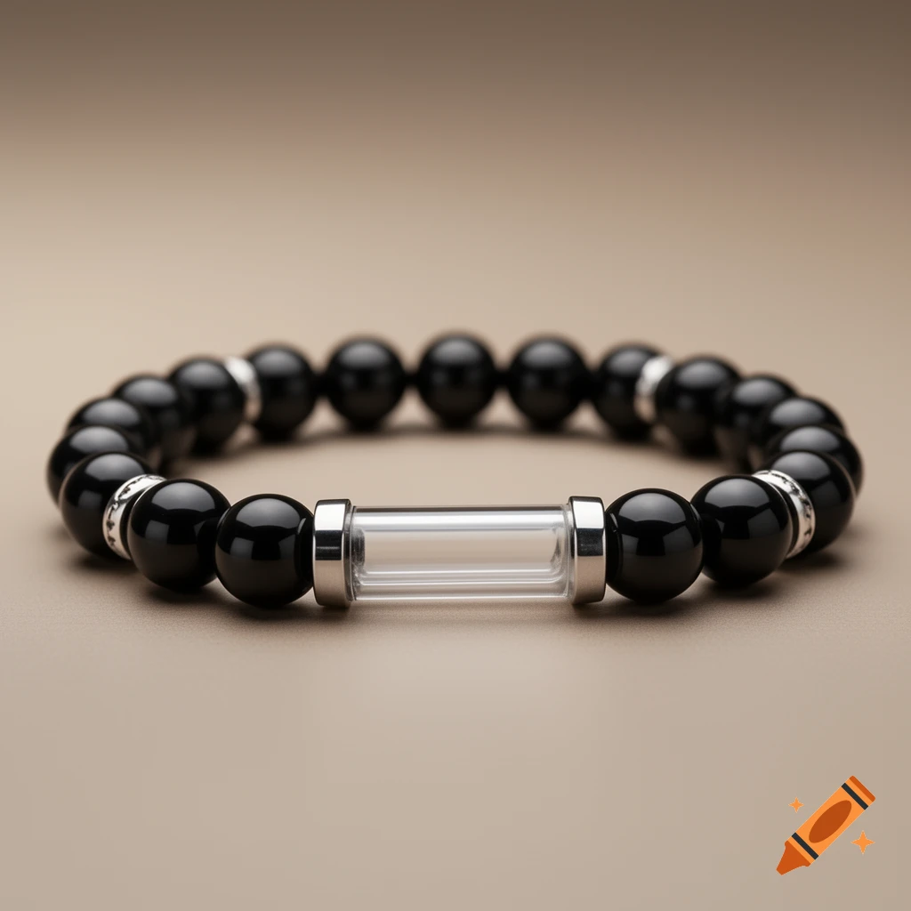 A high-end men's bracelet with shiny black beads, silver accents, and a clear glass tube as its centerpiece.