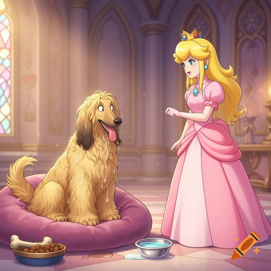 Princess Peach stands beside a panting, drooling Golden Afghan hound on a bed in a castle room, bowls nearby, in anime style.