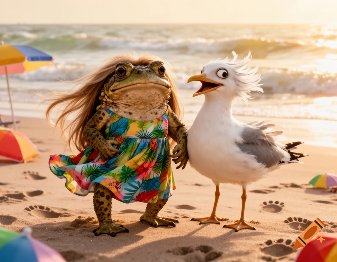 A long-haired toad in a tropical dress holds hands with a wide-eyed seagull on a sunny beach.