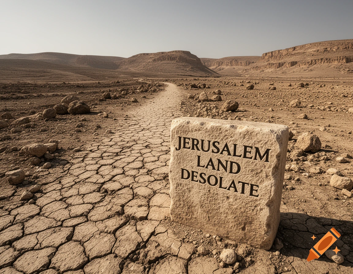 A stone monument inscribed 'JERUSALEM LAND DESOLATE' in a barren desert landscape with cracked earth.