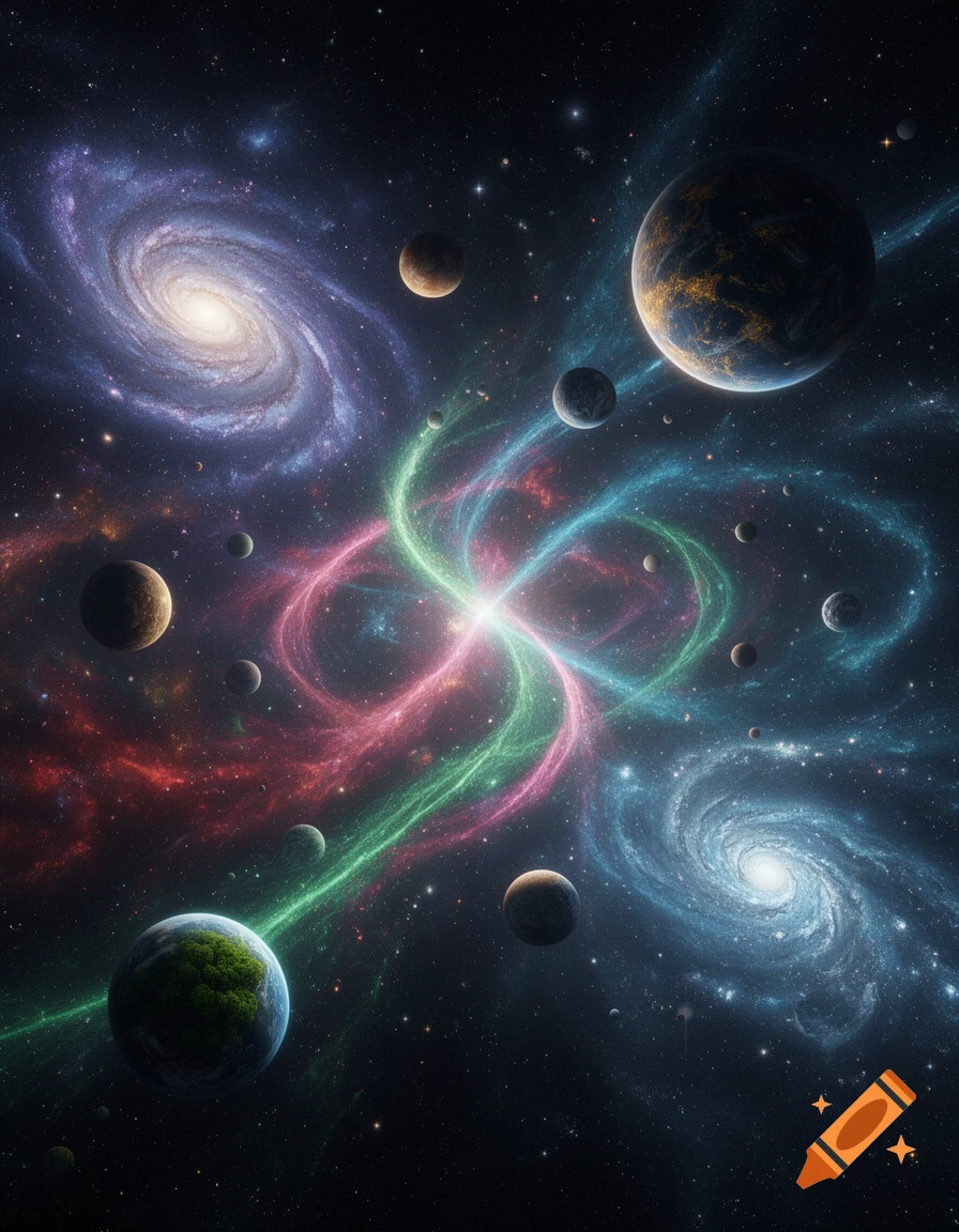 A vibrant cosmic scene with multiple spiral galaxies, planets, and swirling colorful nebulae against a dark starry background.