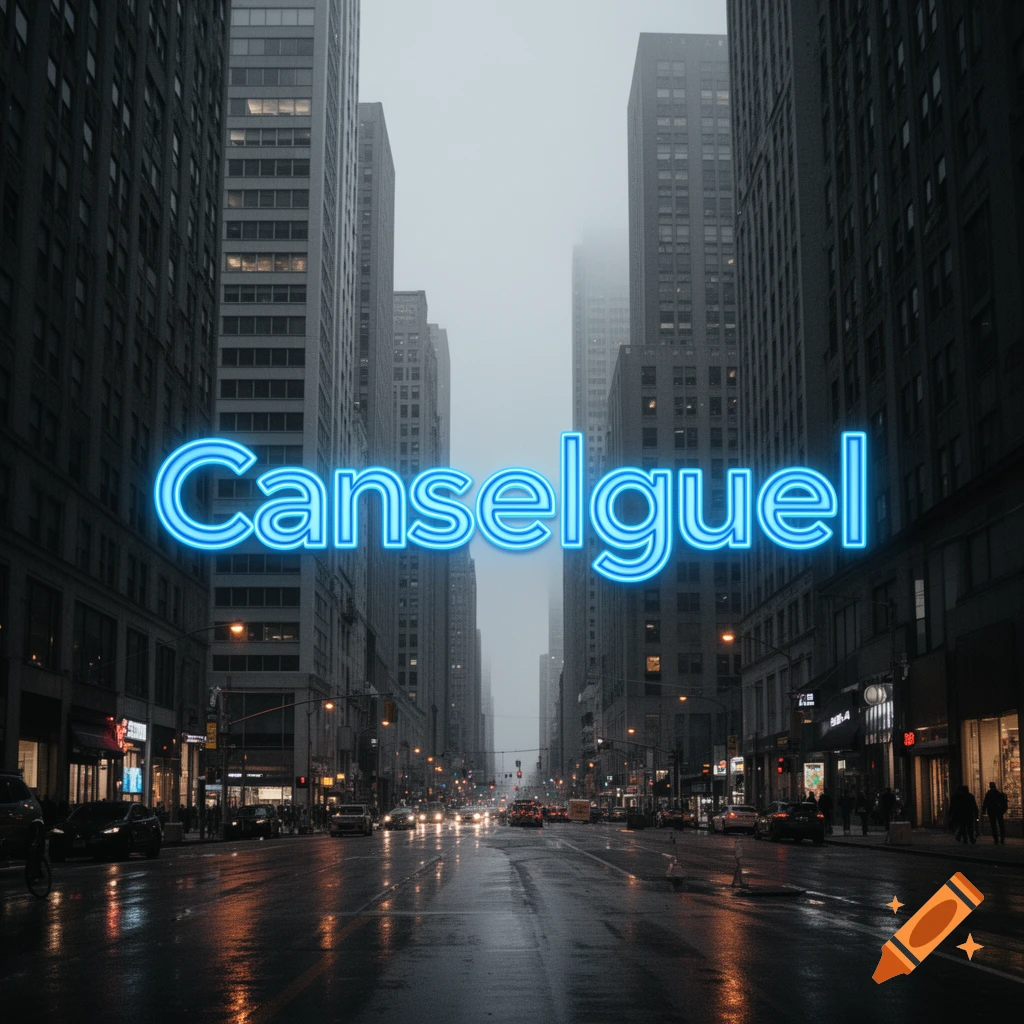 A moody urban street scene at dusk with wet asphalt reflecting lights, and the word 'Canselguel' glowing in blue neon in the center.