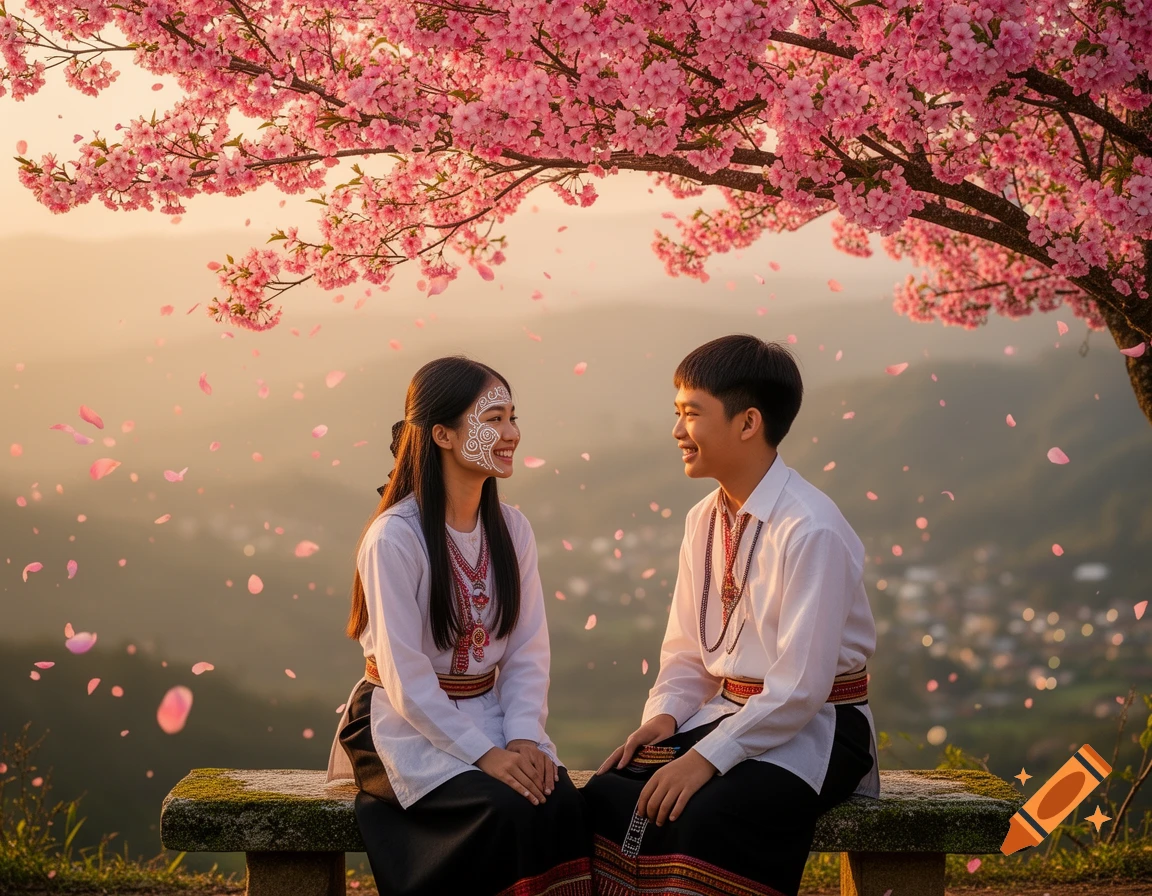 A Myanmar ethnic boy and Anyar village girl with Thanakha, smiling under a blooming cherry blossom tree with falling petals at sunset.