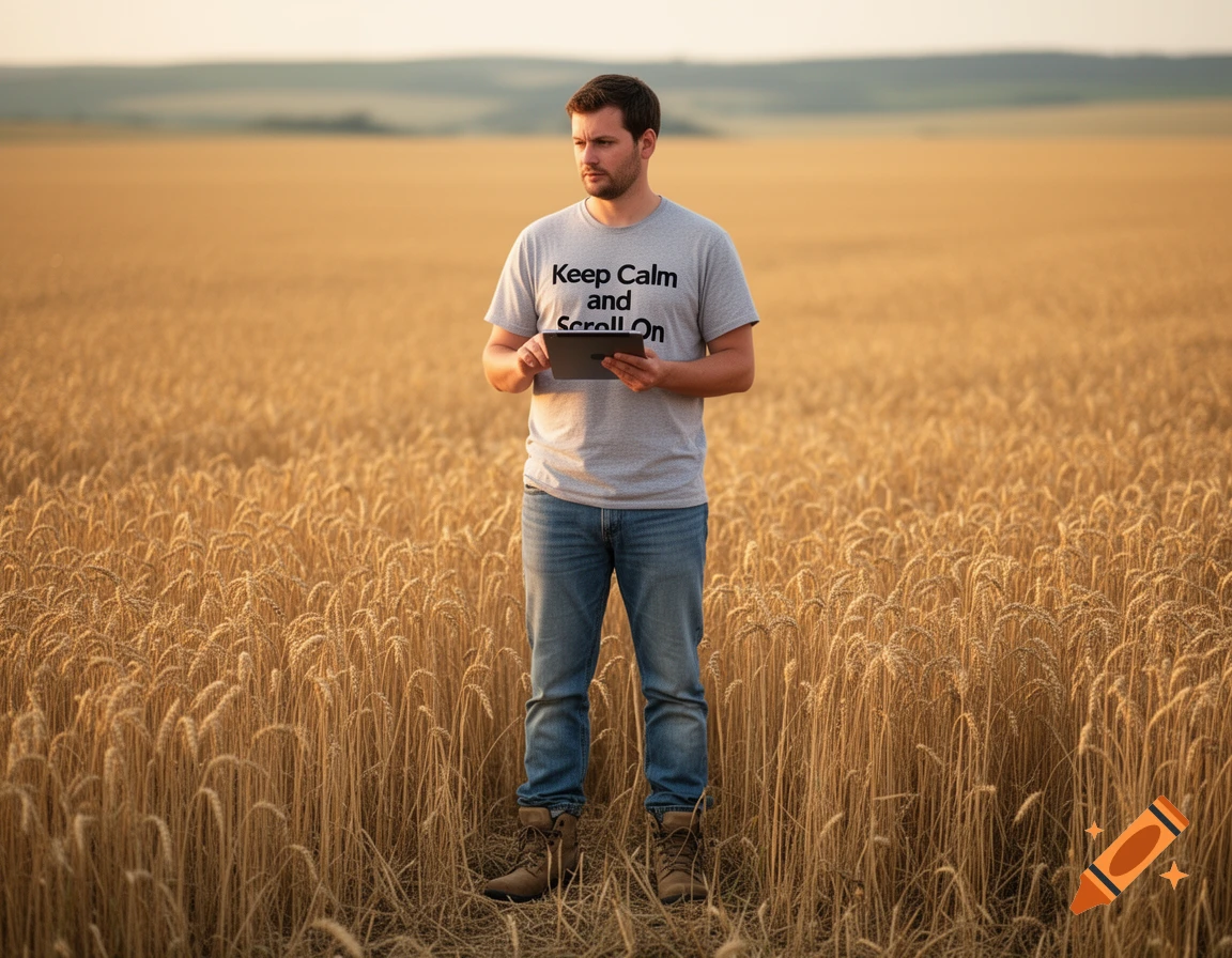 A man wearing a 'Keep Calm and Scroll On' t-shirt stands in a golden wheat field, holding a tablet.