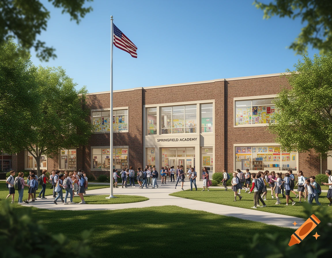 A photorealistic brick school building named Springfield Academy, with an American flag on a pole, surrounded by green grass and trees, as students walk around outside.