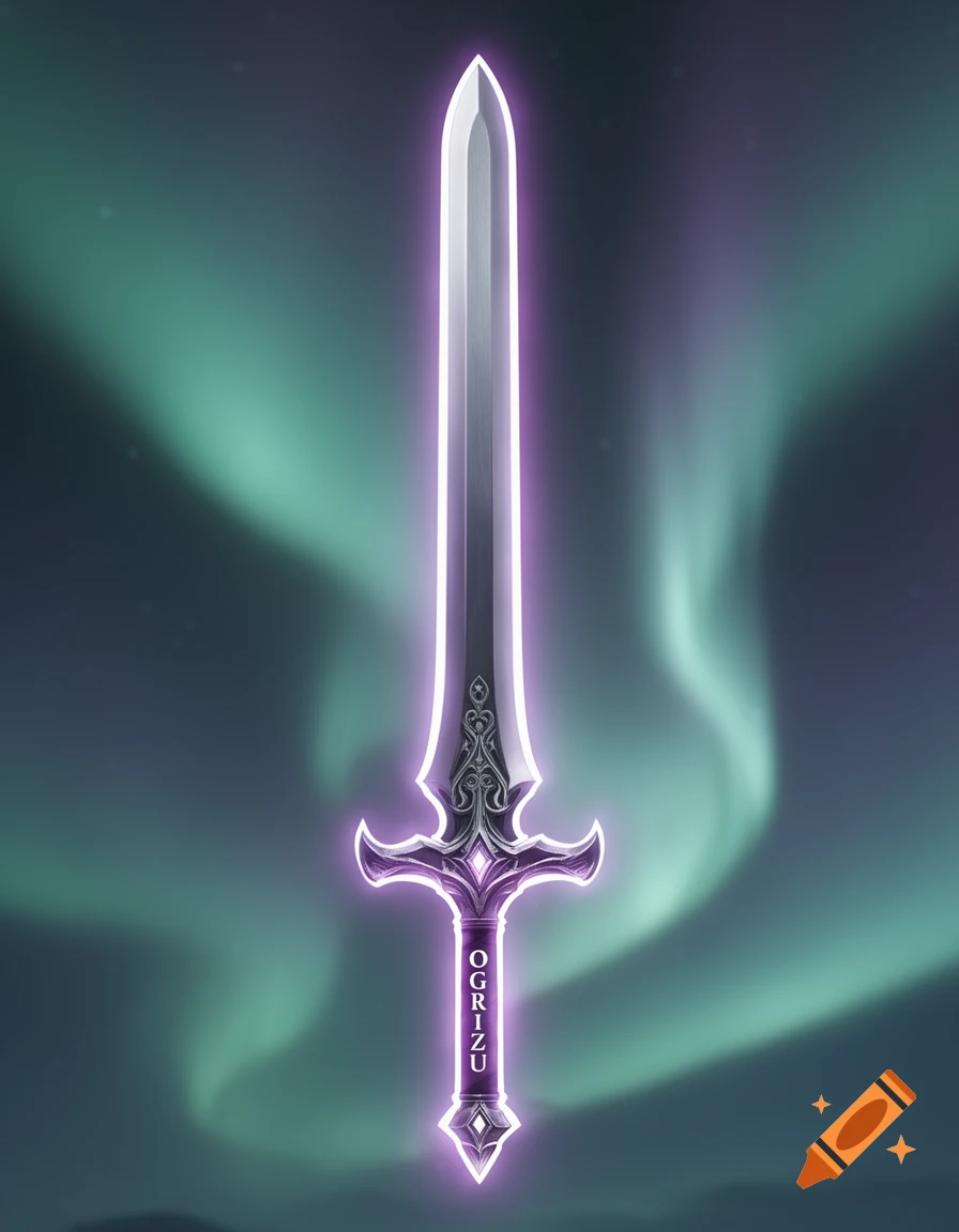 A stylized purple glowing sword with 'OGRIZU' on the handle, set against a green and purple aurora background.