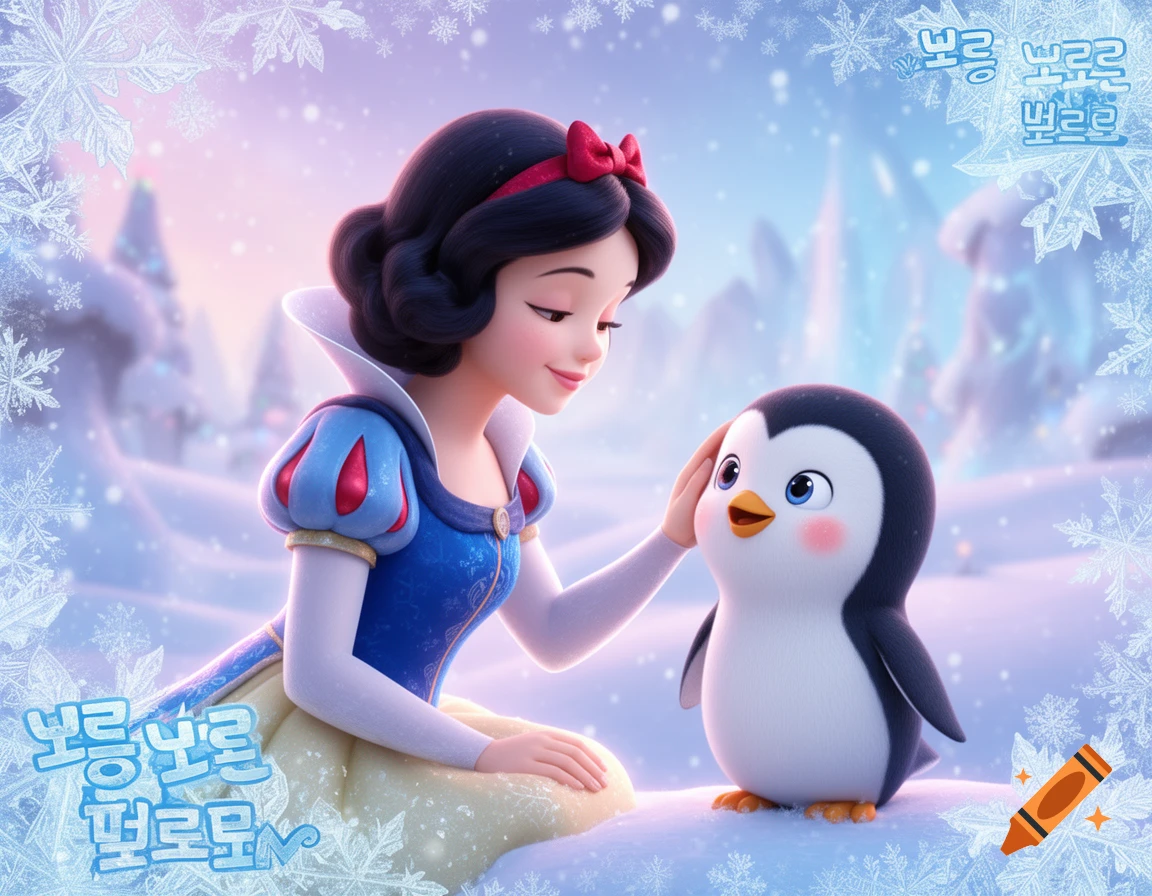 A cute cartoon Snow White in her classic dress, kneeling to pet a rosy-cheeked penguin in a snowy, magical forest with glowing ice and falling snowflakes.