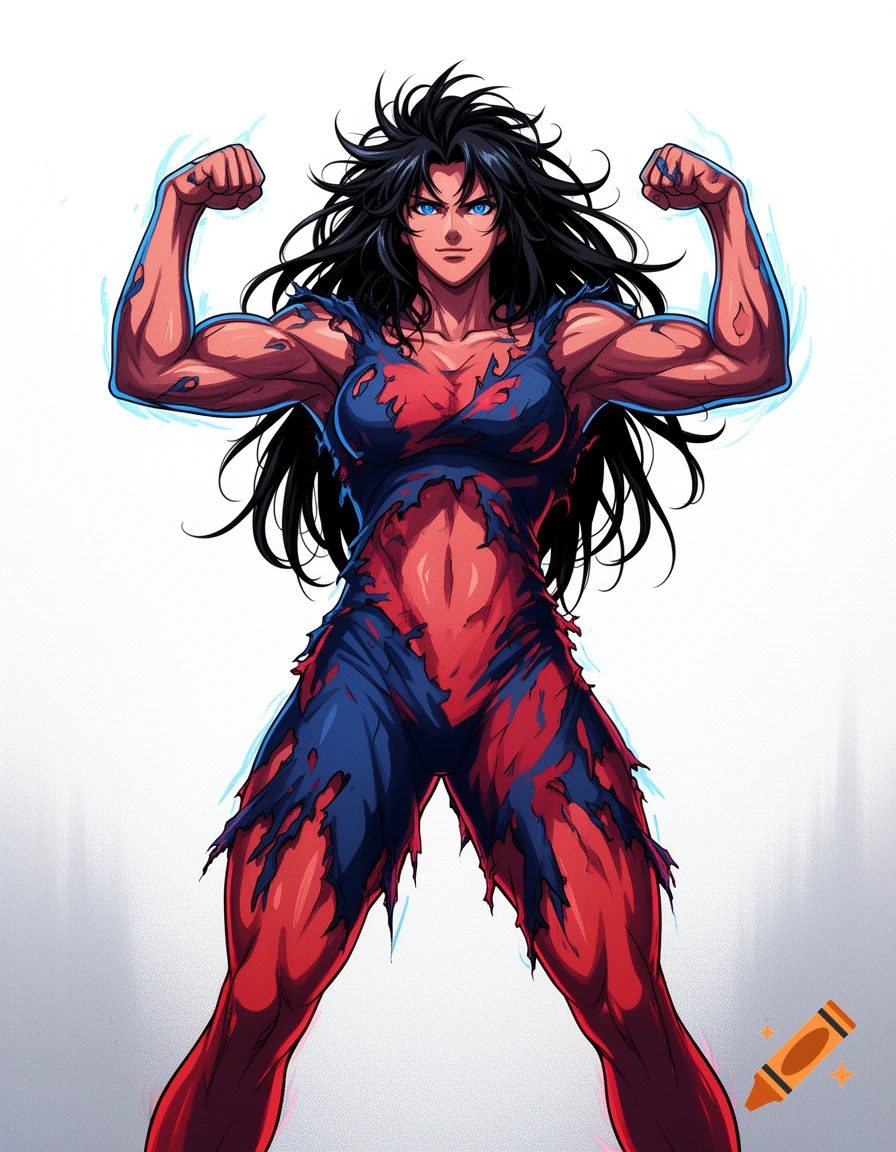 Anime-style muscular woman with black hair and red skin, wearing torn blue clothes, flexing her biceps.