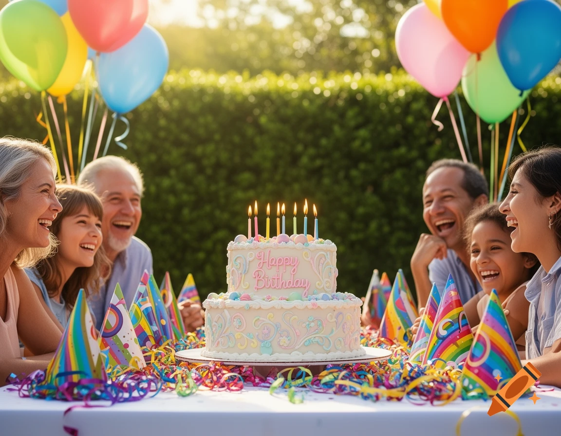 A happy family celebrates a birthday outdoors with a cake, candles, balloons, and colorful party hats on a sunny day.