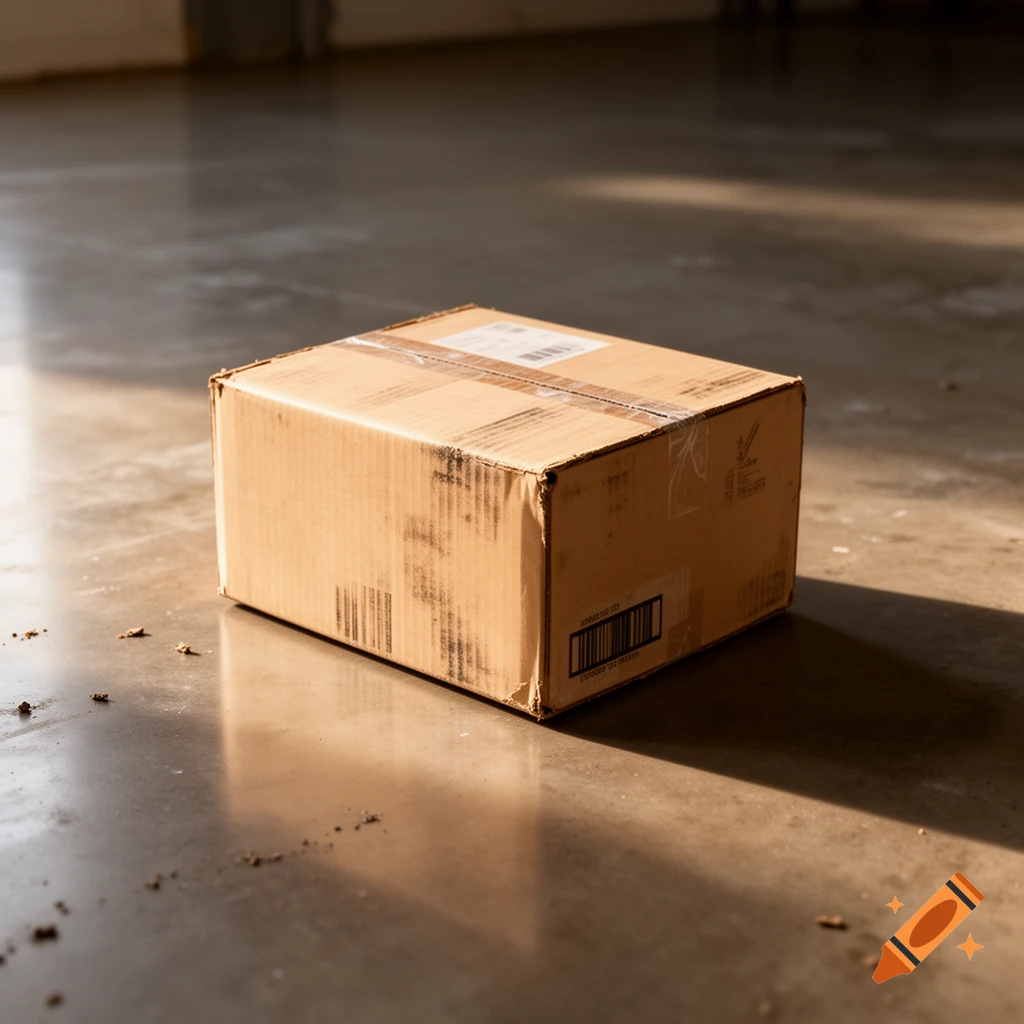 A brown cardboard shipping box with labels and tape, sitting on a concrete floor with sunlight streaming across it.