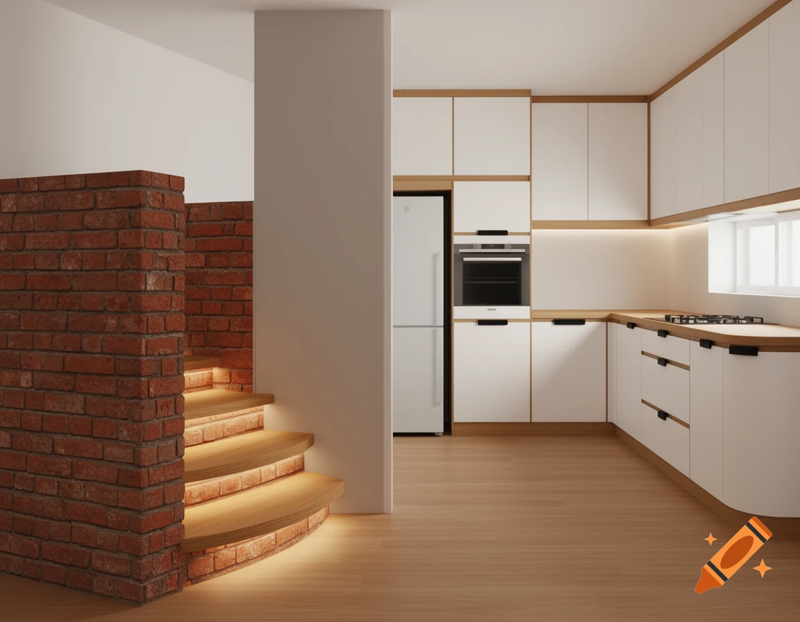 A modern interior features a white kitchen with wood accents and a brick staircase with illuminated wooden steps and light wood flooring.