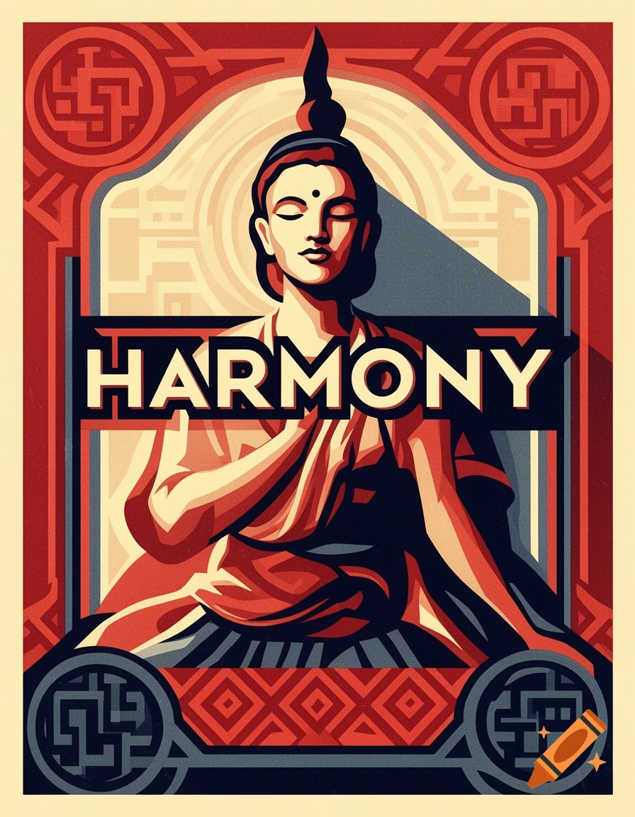 A graphic design poster in Shepard Fairey's style, depicting a meditating Buddha-like figure with HARMONY across the chest, surrounded by geometric patterns in red, cream, and dark blue.