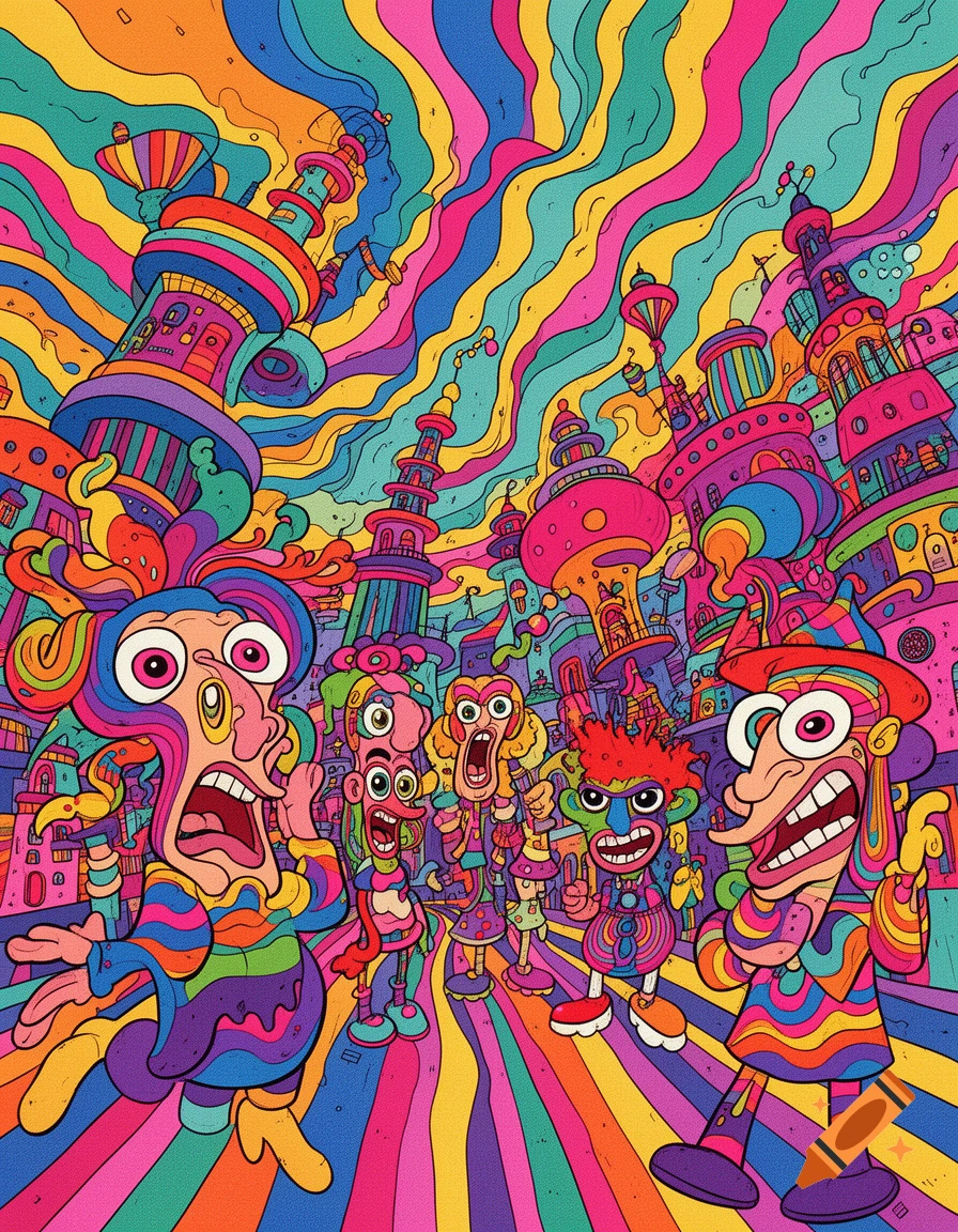 A vibrant, psychedelic cartoon cityscape with bizarre, colorful buildings and exaggerated characters with wide eyes and open mouths.