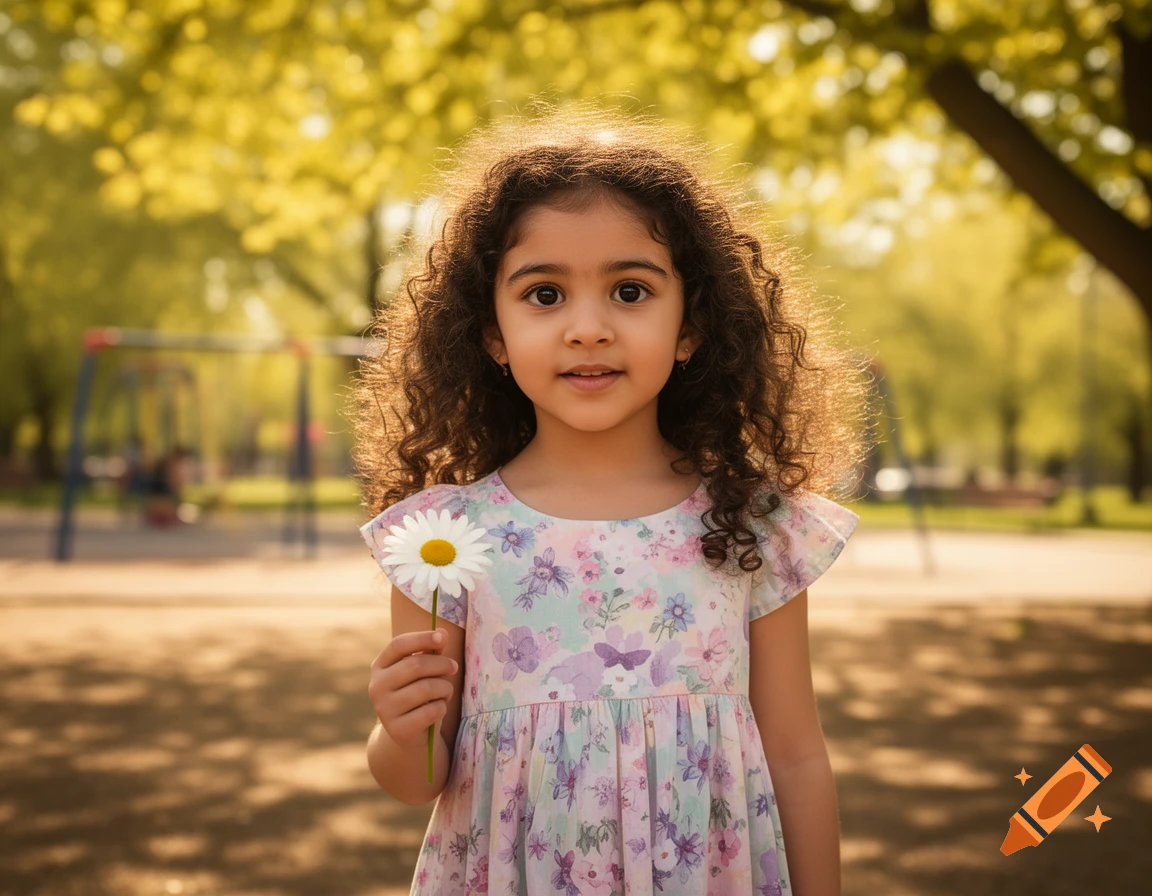 A young girl with dark curly hair holds a white daisy in a sunny park, looking at the viewer.