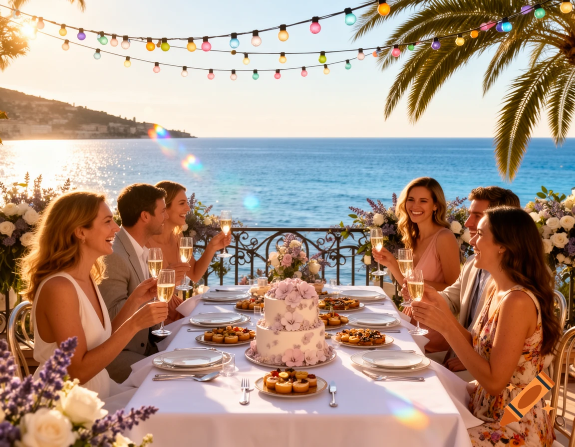 Friends celebrate an outdoor dinner with champagne by the sea at sunset, with a cake on the table, surrounded by flowers.