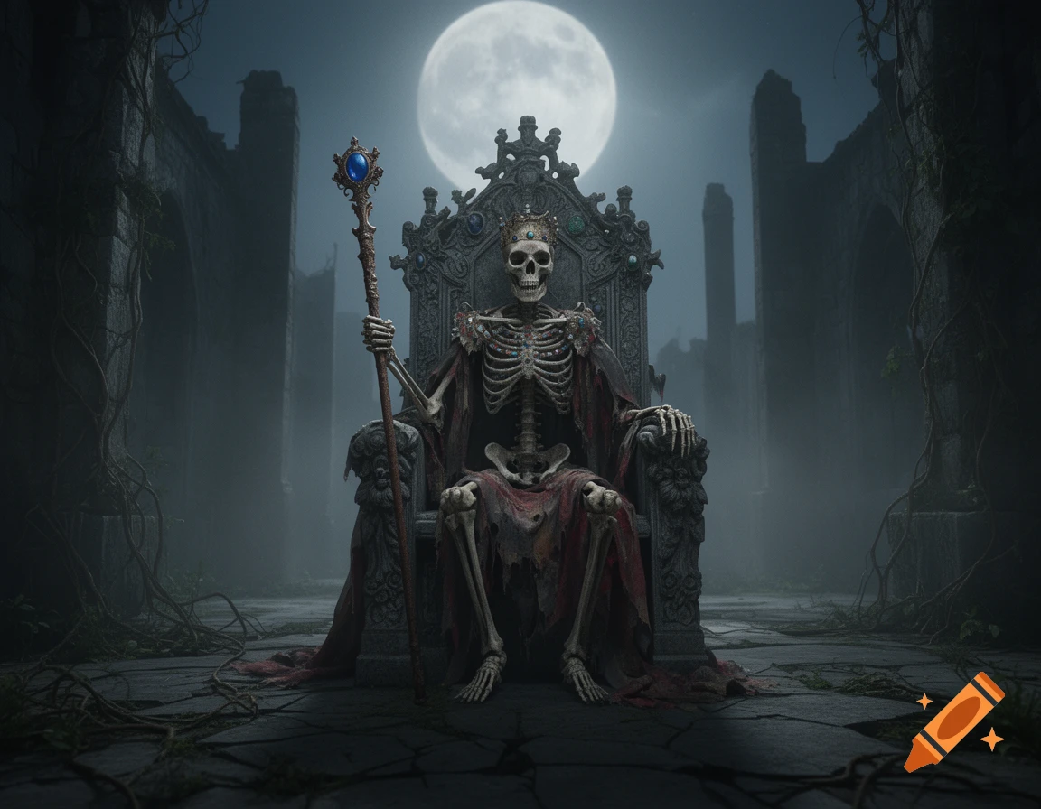 A skeleton king with a crown and staff sits on an ornate stone throne in a dark, misty ruined castle under a full moon.