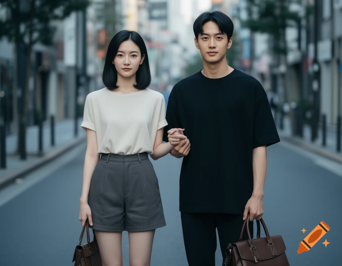 A young East Asian couple in stylish casual wear holds hands in the middle of a city street, carrying brown bags.