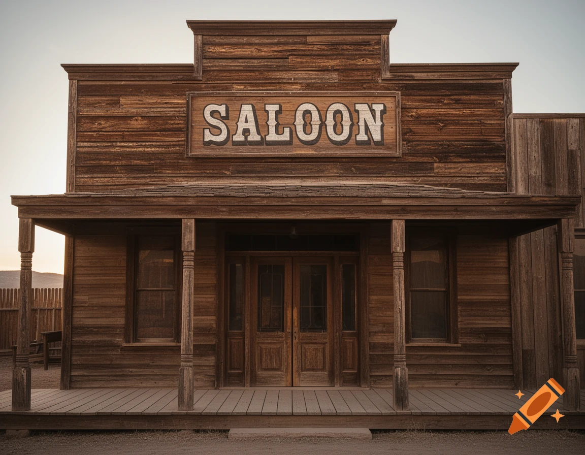 Front view of a weathered Old West wooden saloon building with a wide porch and a 'SALOON' sign, photorealistic.