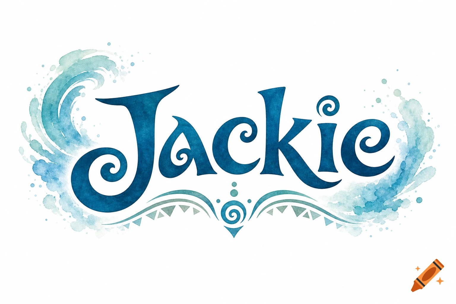 Watercolor logo for 'Jackie' in blue and teal, with ocean wave and tribal design elements.