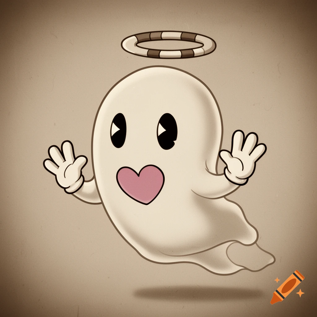A cute cartoon ghost with a pink heart on its chest, white gloves, and a striped halo, floating against a brown background in a vintage animation style.
