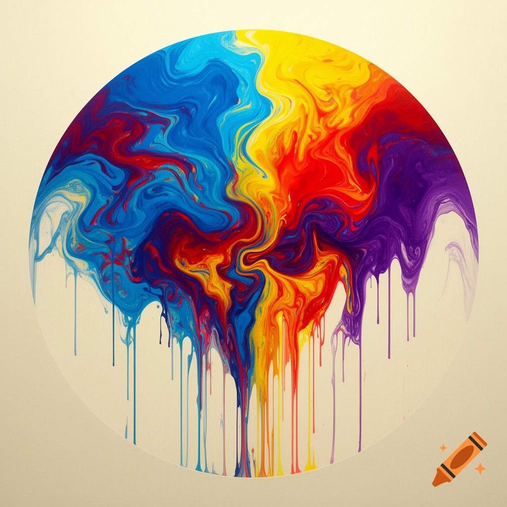 A circular abstract painting features vibrant swirling and dripping primary and secondary colors against a light background.