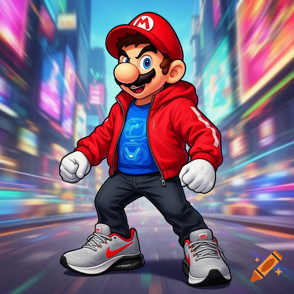Cartoon Mario in a red jacket, blue shirt, dark jeans, and Nike sneakers, standing in a blurred city street.