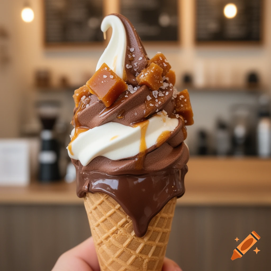 Swirled chocolate and vanilla soft serve ice cream cone with caramel and chocolate drizzle, caramel chunks, and sea salt, held in a hand in a cafe.