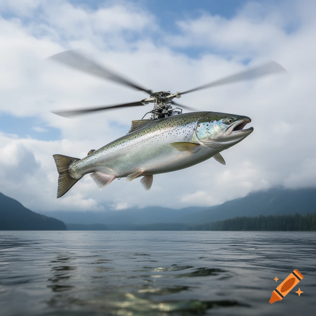 A photorealistic Chinook salmon with helicopter rotors on its back flies over a lake with mountains under a cloudy sky.