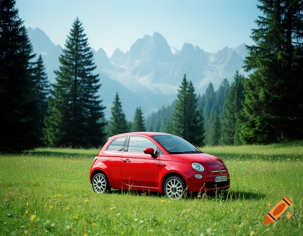 A red compact car is parked in a lush green meadow with tall pine trees and majestic mountains under a clear sky.