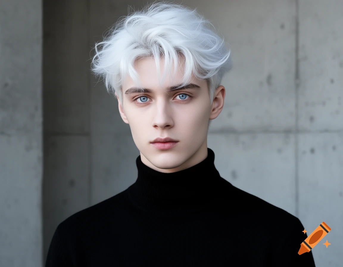 Photorealistic portrait of a young man with white fluffy hair and blue eyes, wearing a black turtleneck against a concrete wall.