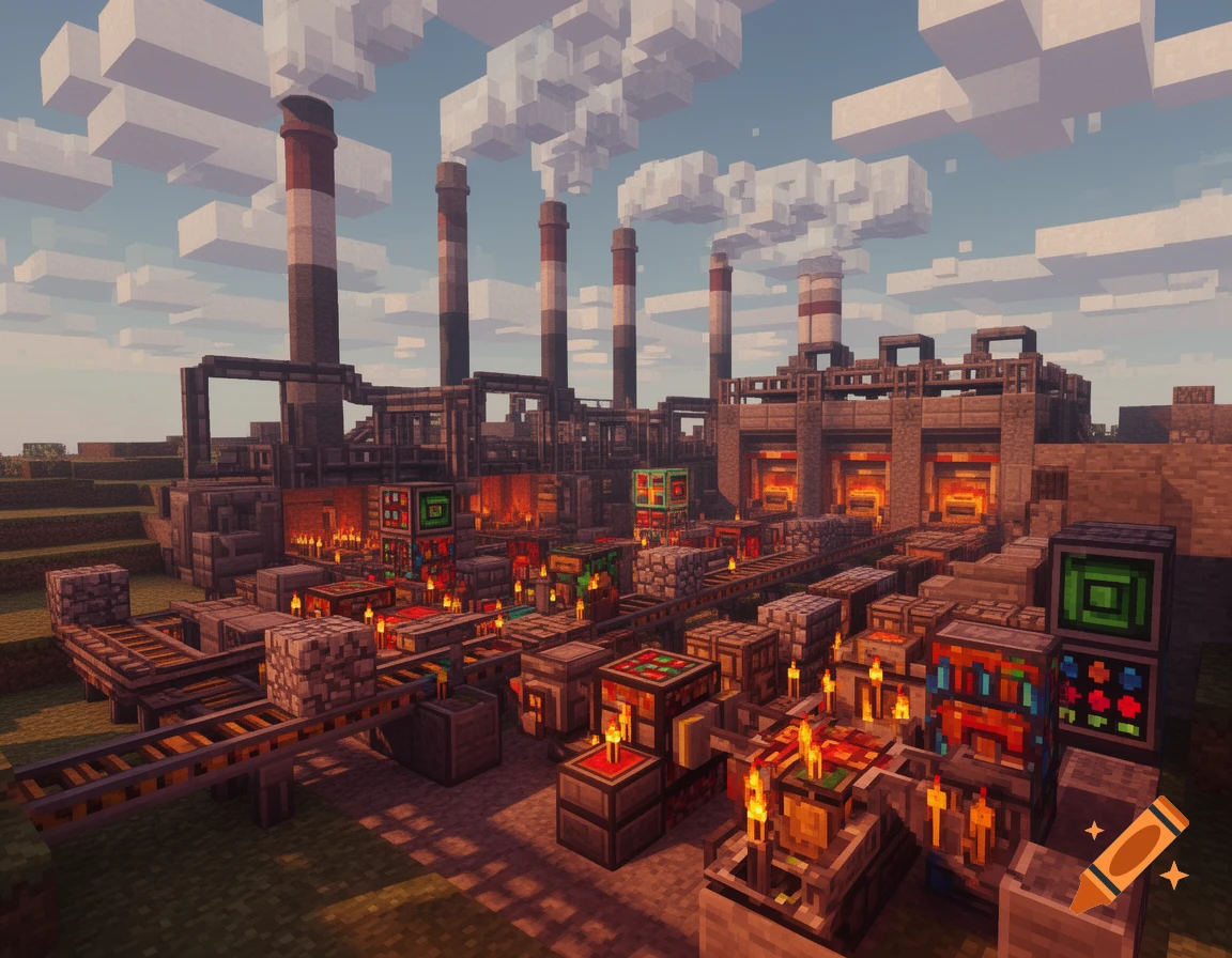 A blocky Minecraft-style industrial factory with multiple smoking chimneys, furnaces, and conveyor belts under a cloudy sky.