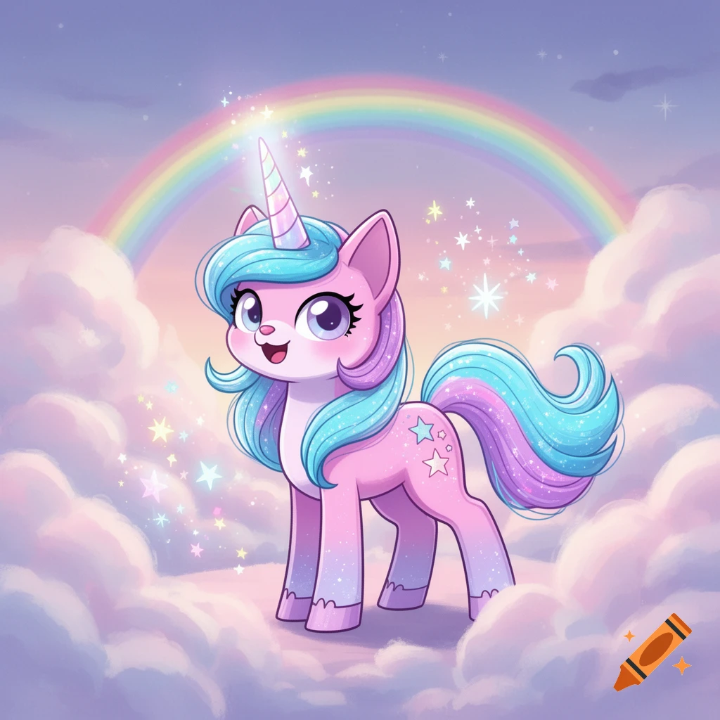 A cute pink and blue cartoon unicorn with a striped horn, glittering mane, and tail stands on pastel clouds under a rainbow.