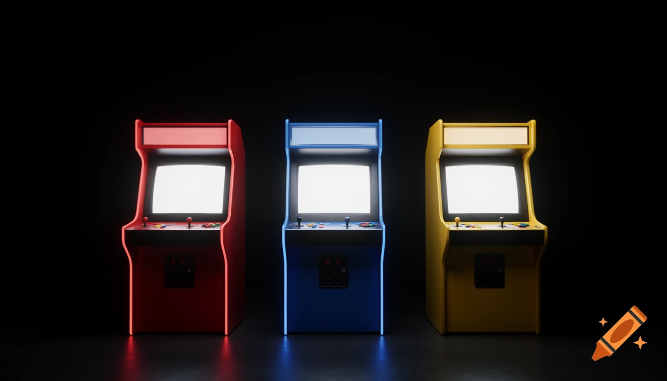 Three brightly lit arcade machines in red, blue, and yellow stand against a dark background, their screens glowing white.