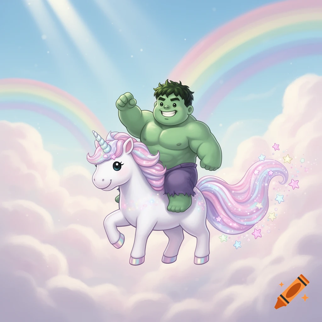 Cute cartoon Hulk riding a sparkly unicorn through a colorful sky with clouds and rainbows.