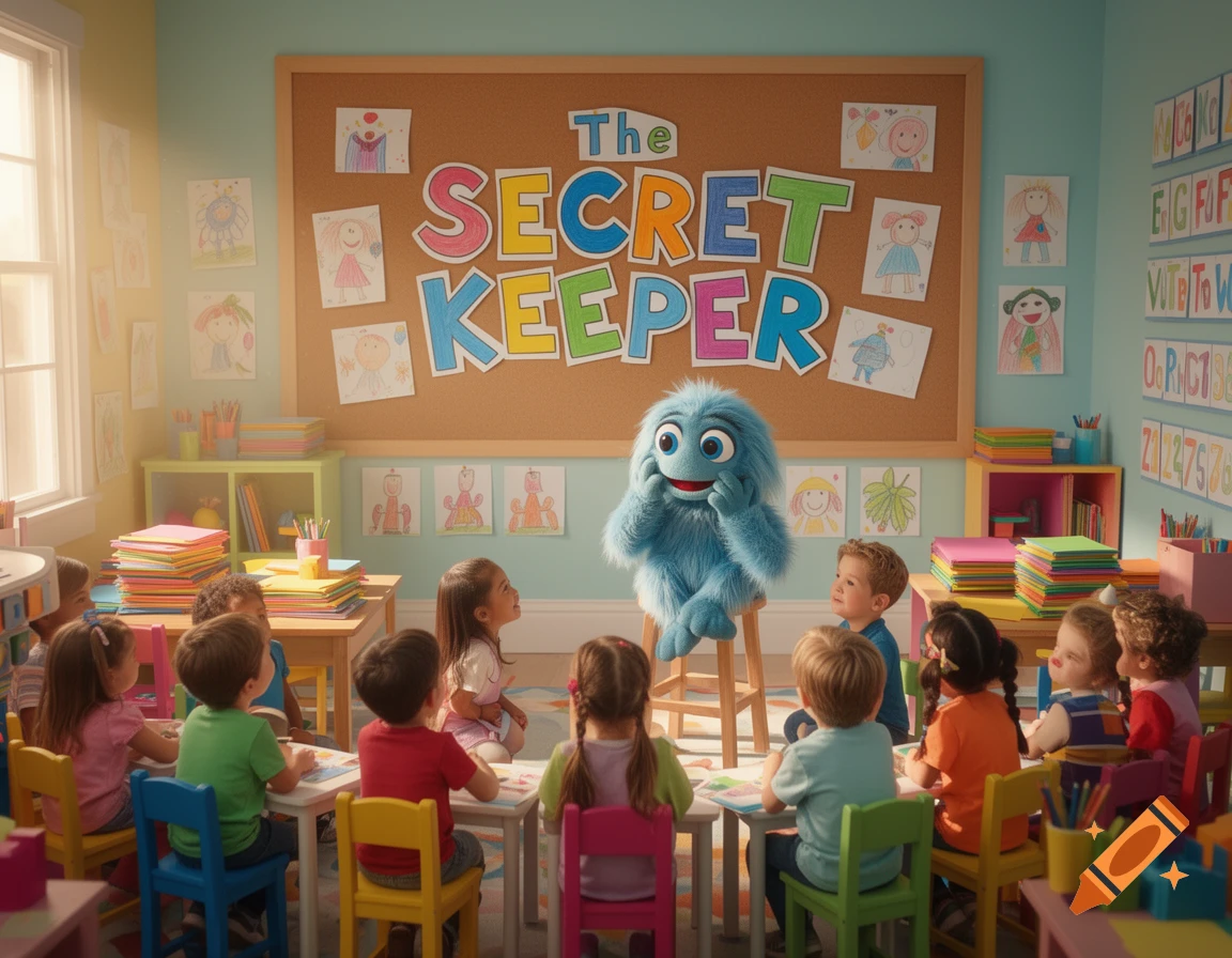 A friendly blue monster on a stool teaches diverse children in a vibrant preschool classroom. A sign reads 'The SECRET KEEPER'.