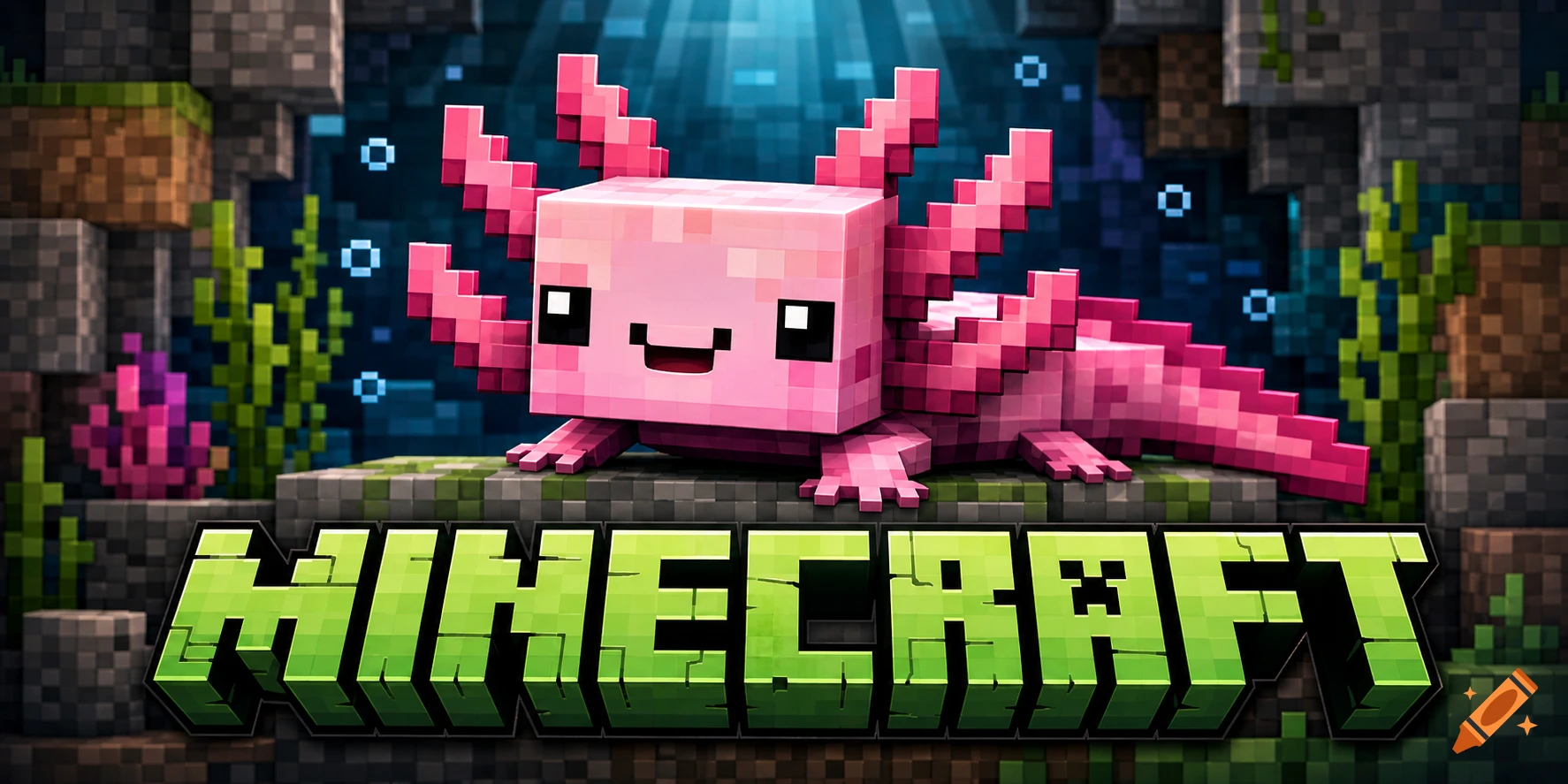 A cute, blocky pink axolotl sits on a ledge with the Minecraft logo below it, set in a blocky underwater environment.