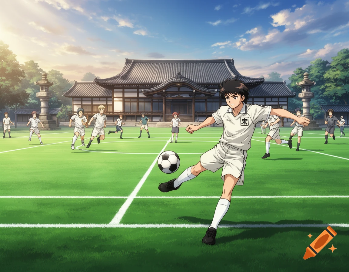Anime style illustration of a soccer game, with a boy in a white uniform kicking the ball on a green field, and a traditional Japanese building in the background.