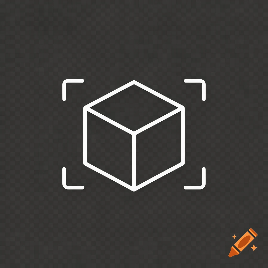 White outline icon of an isometric cube with four corner brackets on a dark transparent background.