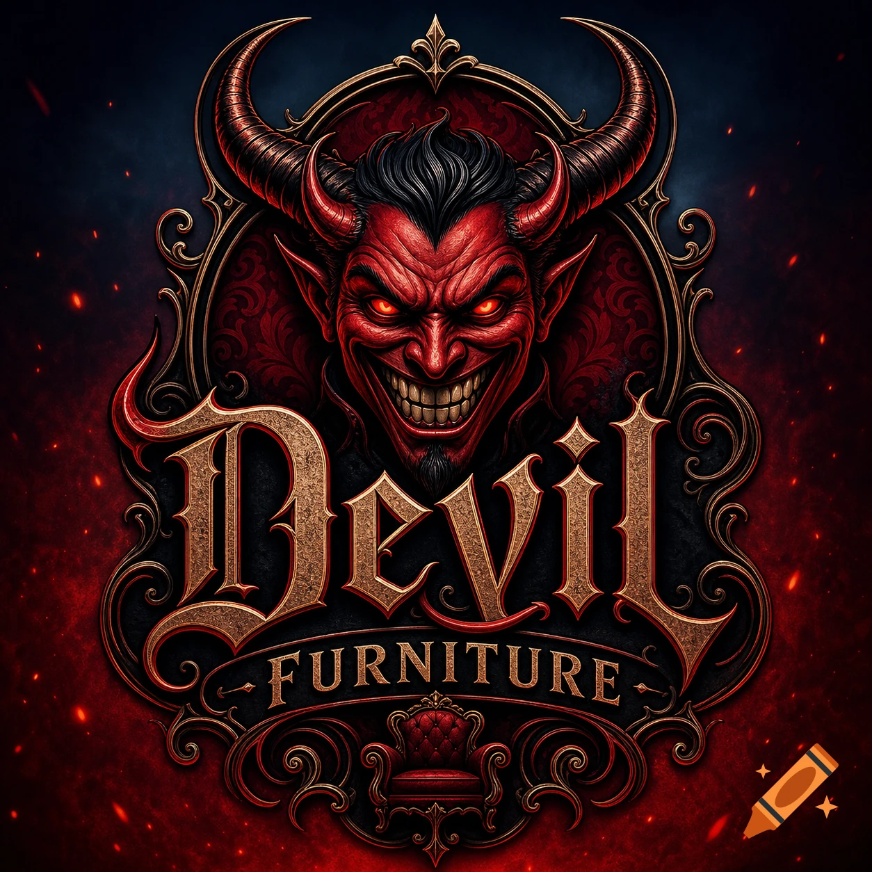 Gothic logo of a red devil with horns, glowing eyes, and a wide grin, framed by ornate gold, with 'Devil FURNITURE' text and a small armchair.
