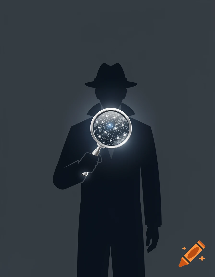 Sleek, minimalist illustration of a detective's silhouette holding a glowing magnifying glass that reveals abstract data patterns.