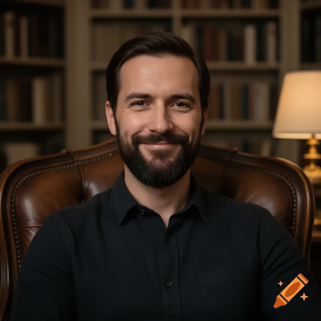 A smiling bearded man in a dark shirt sits in a leather armchair in a library, photorealistic.